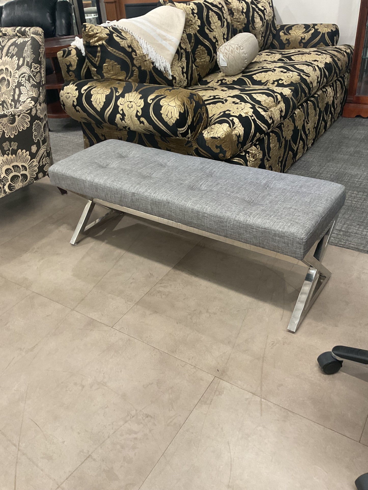 Charcoal Tweed & Metal Bench
