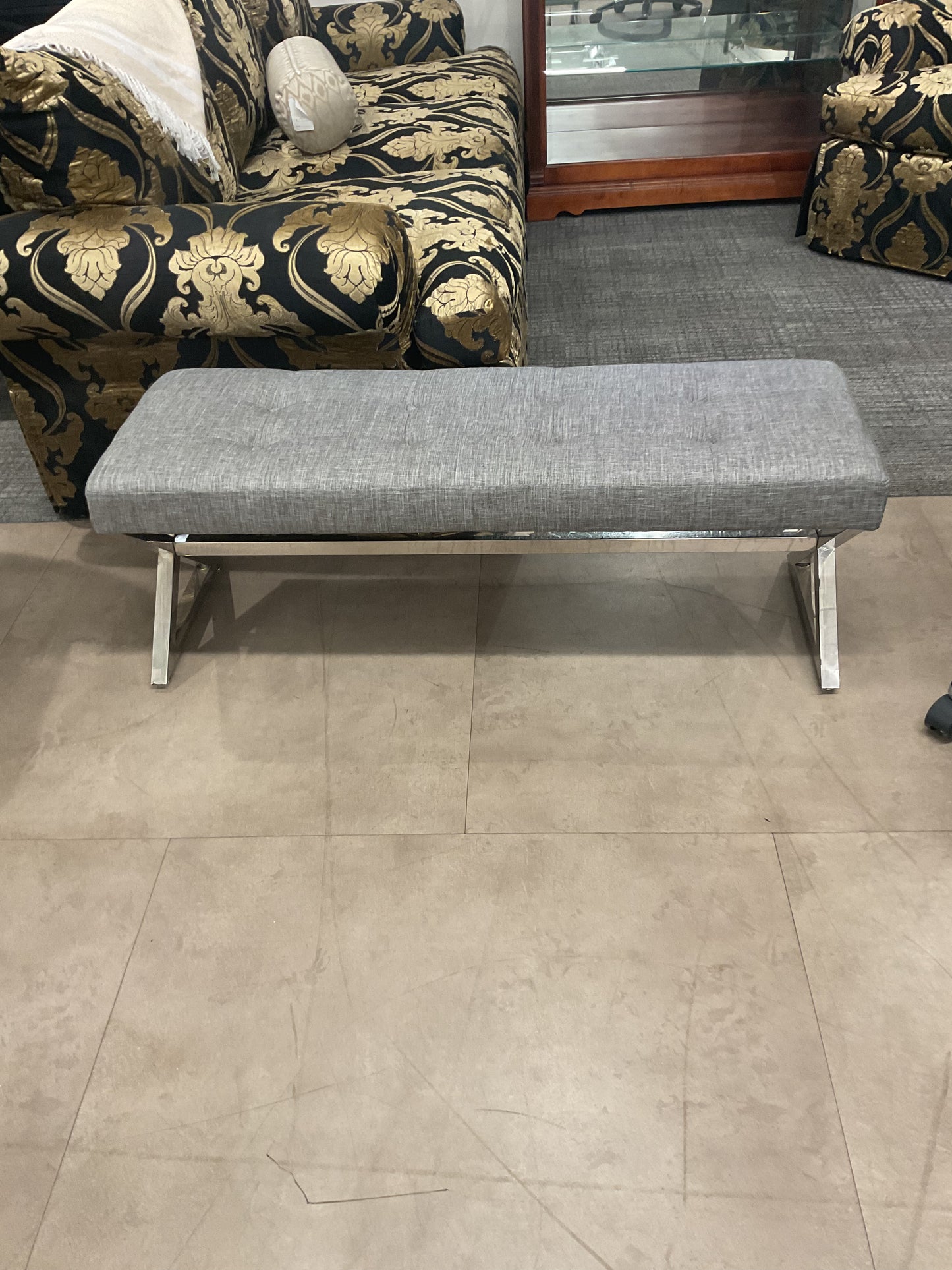 Charcoal Tweed & Metal Bench