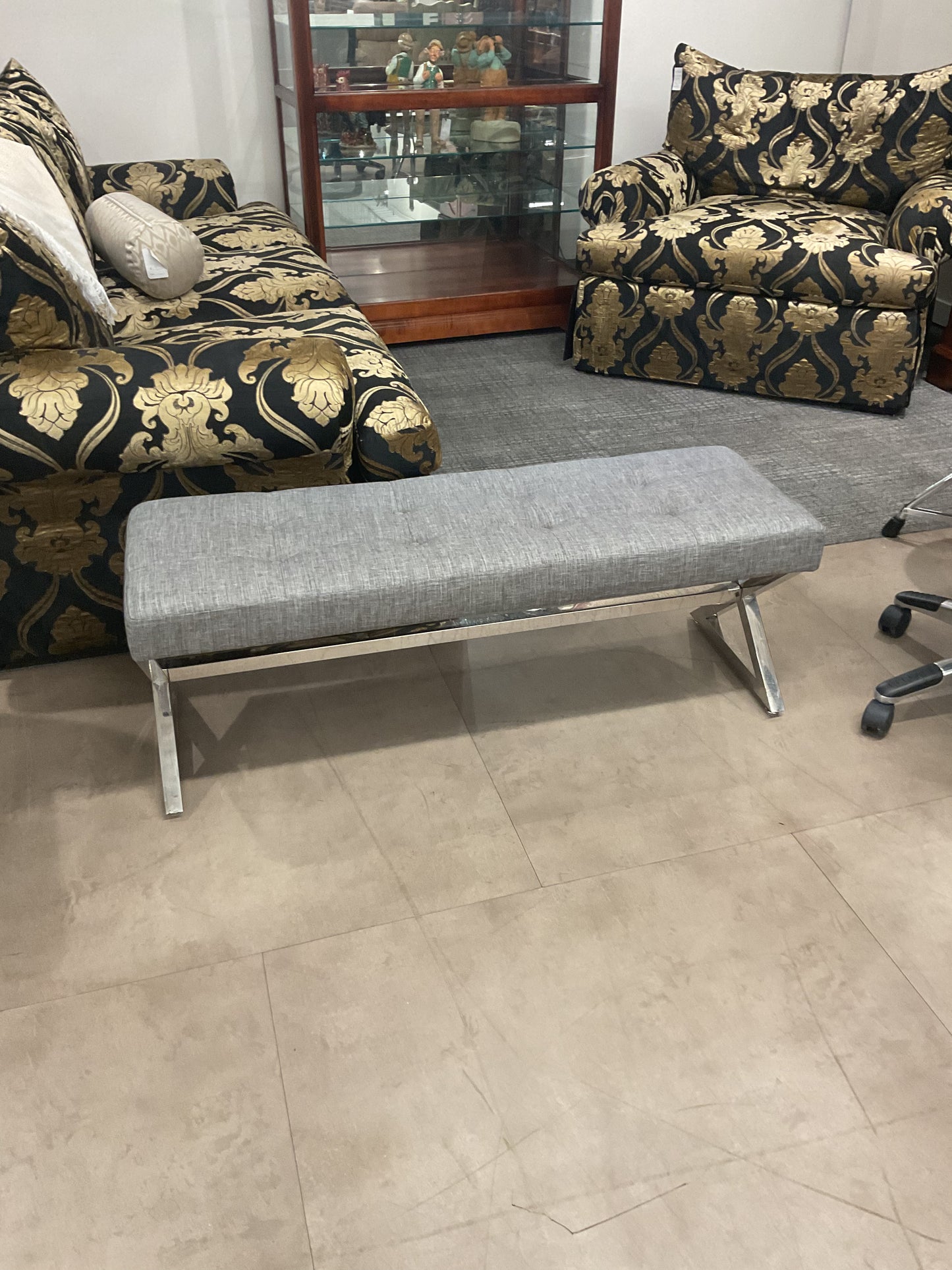 Charcoal Tweed & Metal Bench