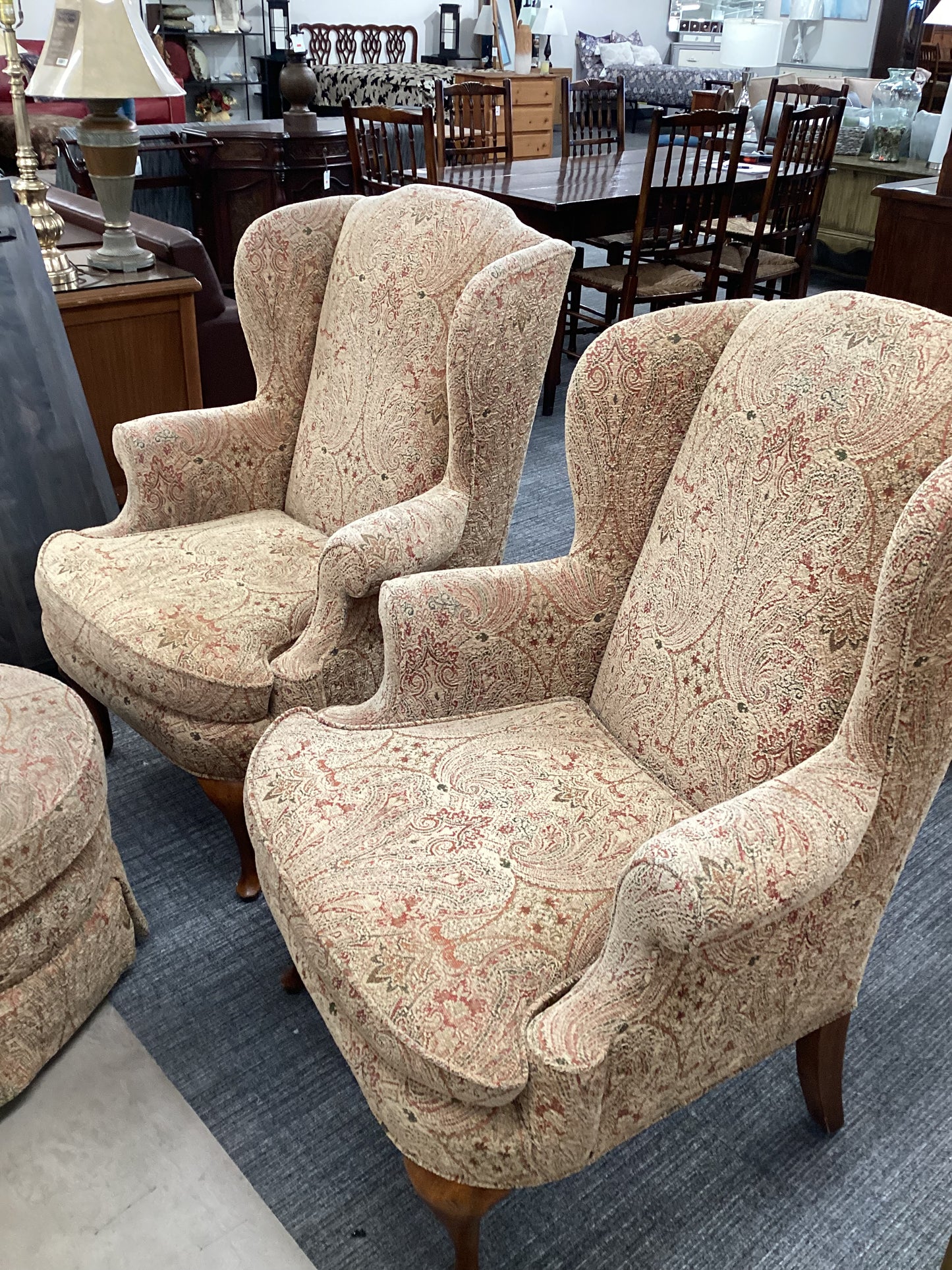 Traditional Wingback Chair Pair With Ottoman