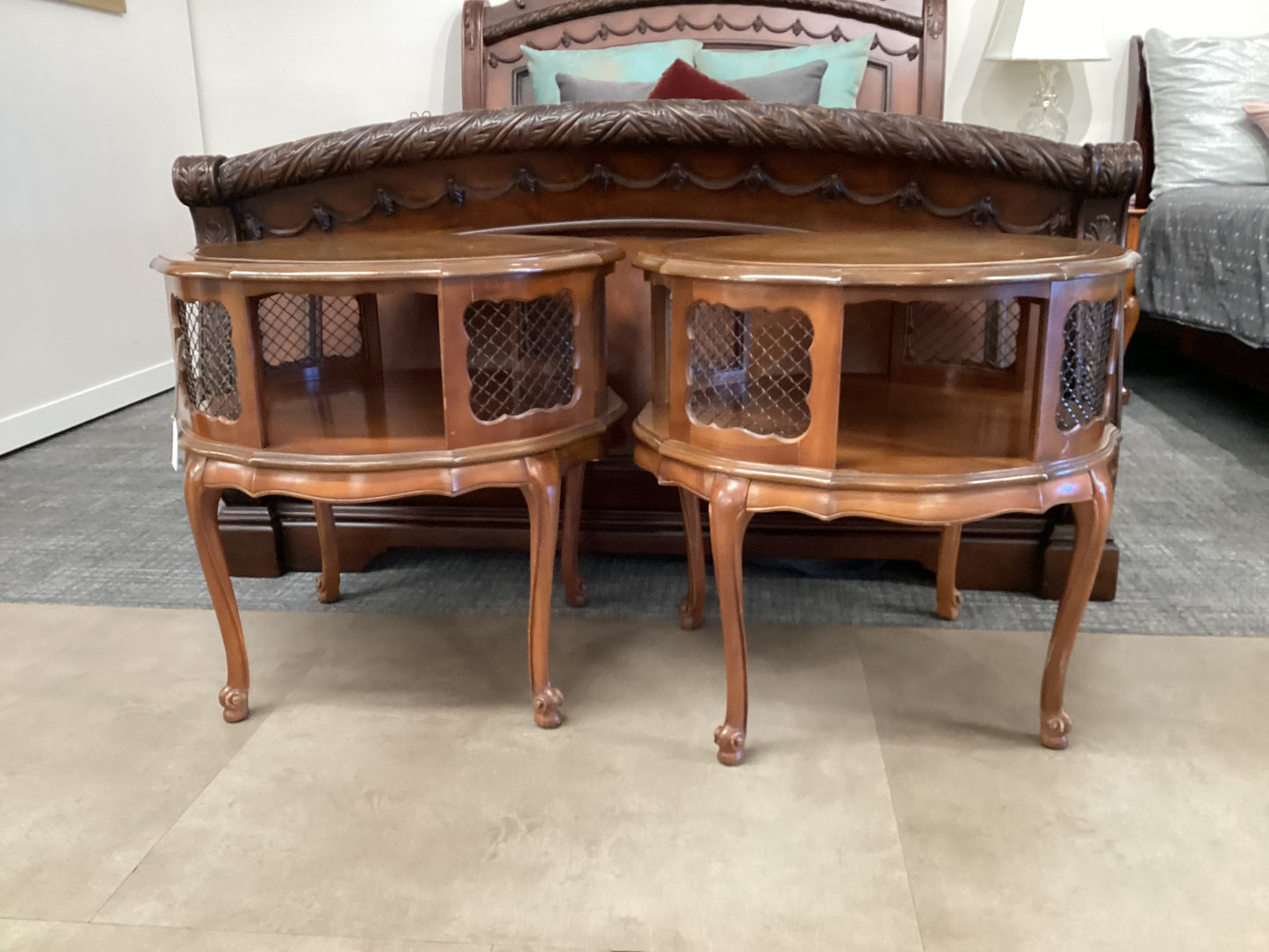 Pair of large brass mesh end tables