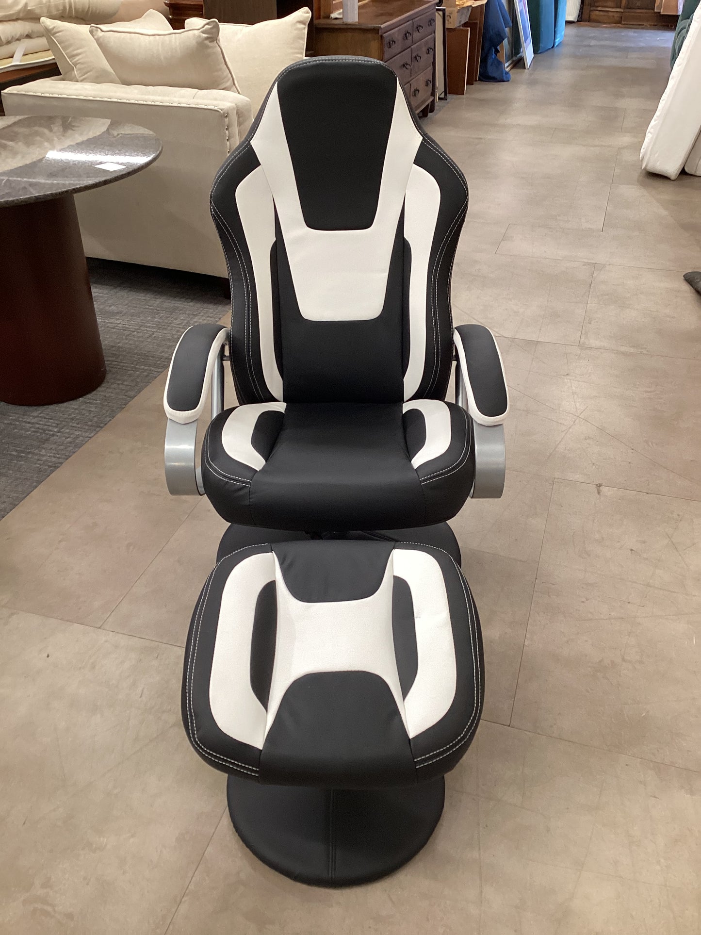 Black and White Swivel Gaming Chair w/ Ottoman