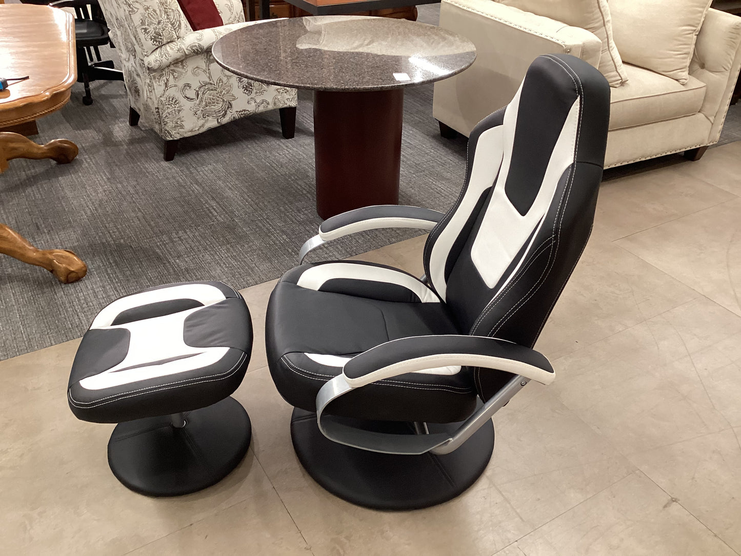 Black and White Swivel Gaming Chair w/ Ottoman